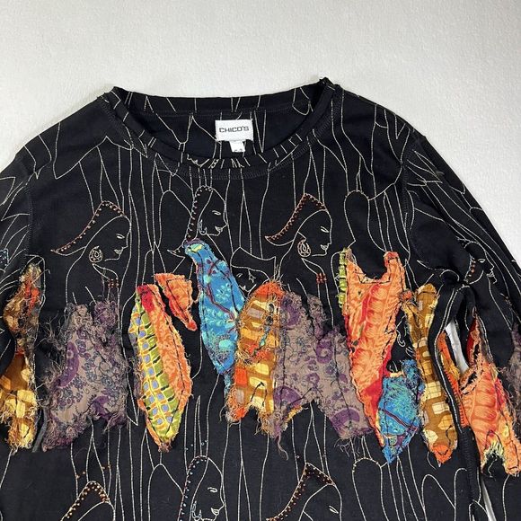 Chico’s Shirt Women's L T-shirt Black Wearable Art Colorful Long Sleeve Pullover - Picture 9 of 17